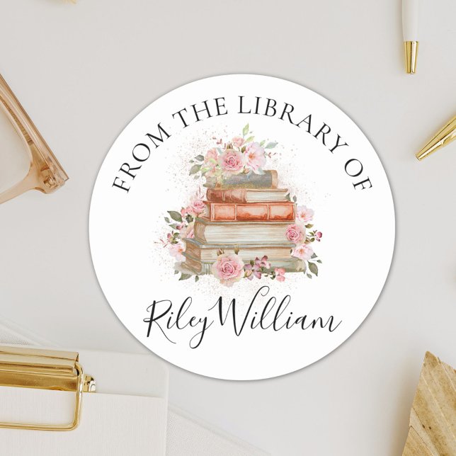 Watercolor Book Pink Rose Floral Bookplate Sticker (In situ)