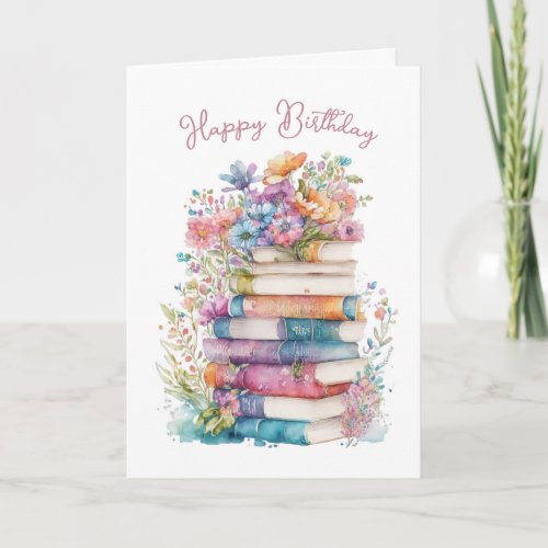 Watercolor Booklovers Birthday Card