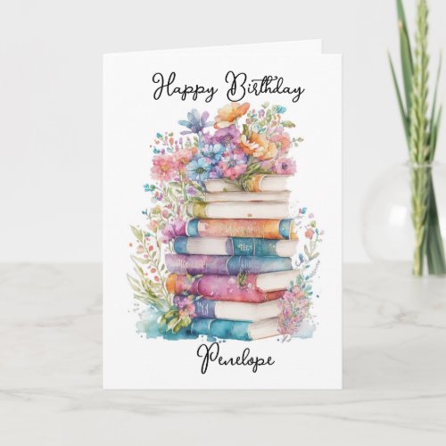 Watercolor Books and Flowers Birthday Card