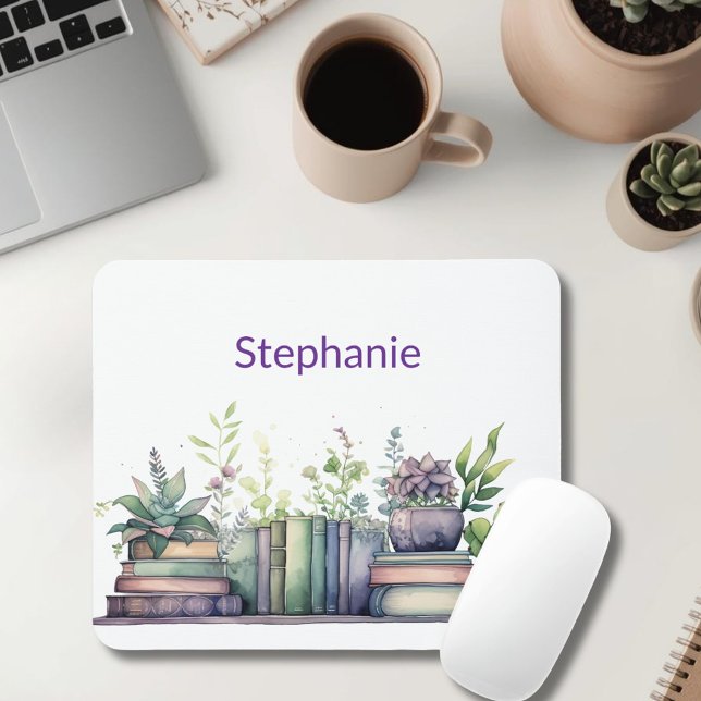 Watercolor Books and Plants Personalized Mouse Pad (Creator Uploaded)