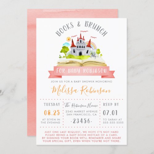 Watercolor Books & Brunch | Red Unisex Baby Shower Invitation - Create your own "Watercolor Books & Brunch | Red Unisex Baby Shower" invitations using these templates by Eugene Designs. These book themed, gender neutral baby shower invitations feature a watercolor castle, trees, grass, a knight in armor, a sun and a rainbow all bursting from an open children's book. Just underneath there is a watercolor banner with your baby's name. There is a modern typography template ready for you to customize with your own baby shower details. At the bottom of the invitation there is a little poem that reads: 

"Just one last request, we hope it's not hard.
Please bring a baby book instead instead of a card.
By signing your book we'll remember and share
your special gift, even when you're not there." 

On the reverse of these 'build a library' baby shower invitations there is a red watercolor wash to match the banner and the castle on the front.