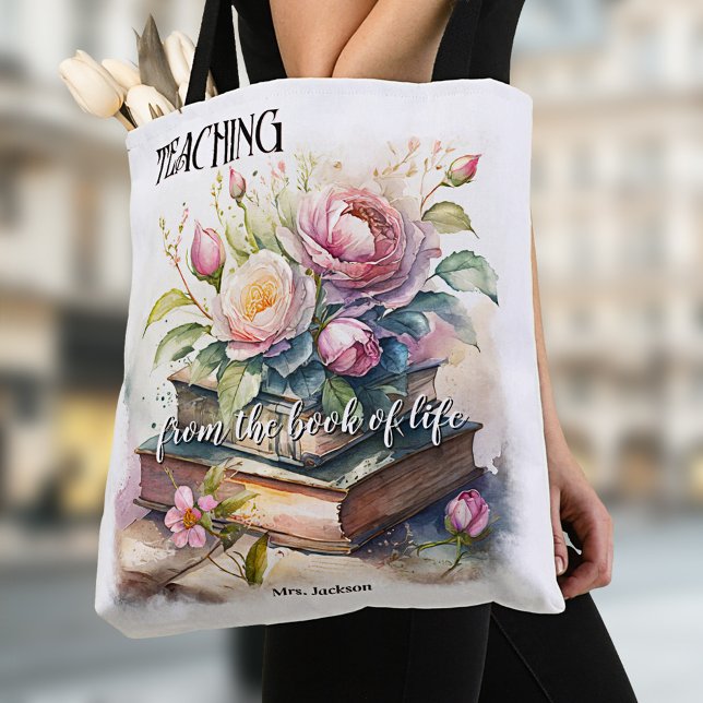Watercolor Books Elegant Teacher Tote Bag (Tote bag featuring a fine art watercolor painting of books with roses - teacher - book club)