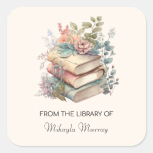 Watercolor Books & Flowers Personalized Bookplates