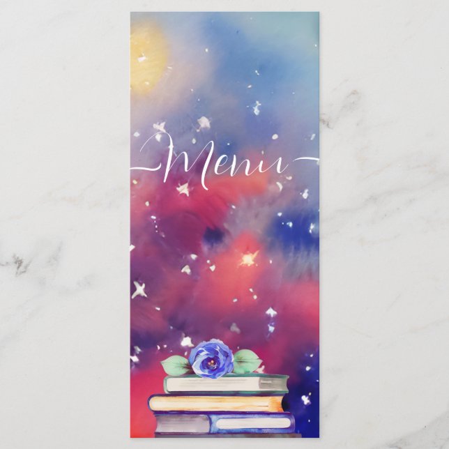   Watercolor Books Purple & Pink Whimsical Wedding Menu (Front)