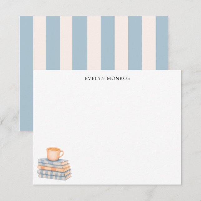 Watercolor Bookstack and Coffee Mug Personalized Note Card (Front/Back)