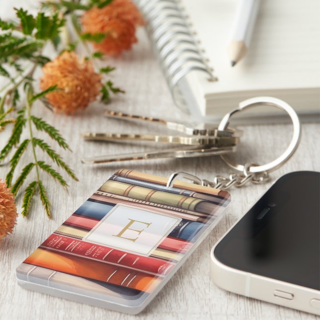 Watercolor Bookstack Reading Lover Monogram  Keychain (Front Right)