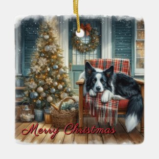 Watercolor Border Collie Christmas Dog 