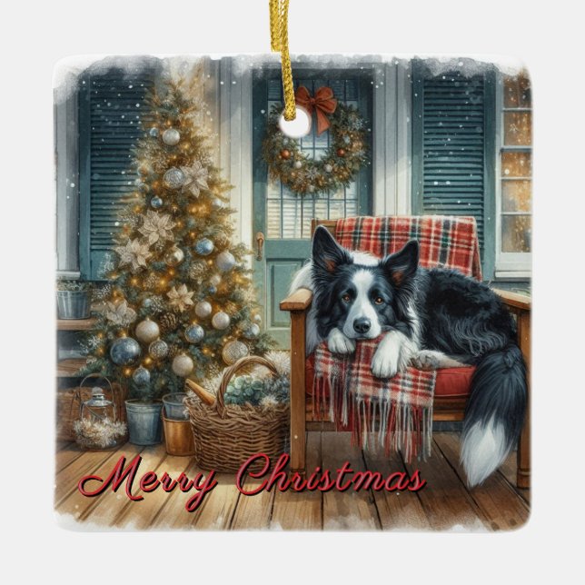 Watercolor Border Collie Christmas Dog  Ceramic Ornament (Front)