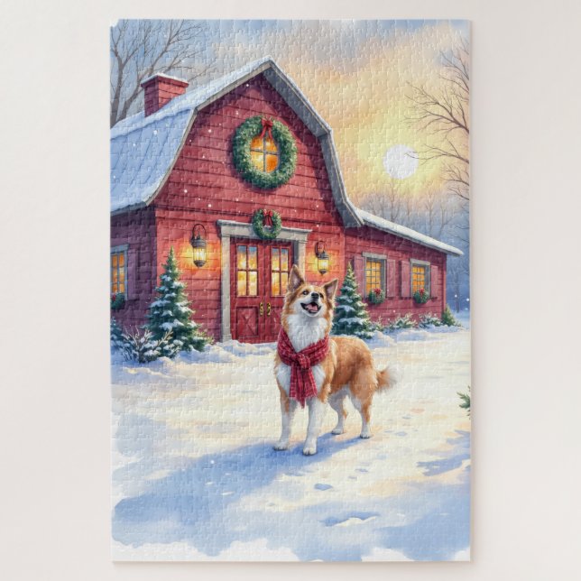 Watercolor Border Collie Country Barn Christmas Jigsaw Puzzle (Vertical)