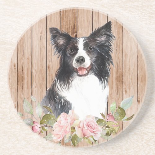 Watercolor Border Collie  Flowers  Coaster