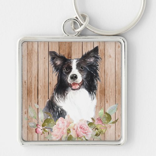 Watercolor Border Collie  Flowers  Keychain