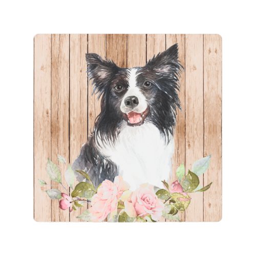 Watercolor Border Collie  Flowers  Metal Print