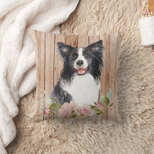 Watercolor Border Collie  Flowers  Throw Pillow