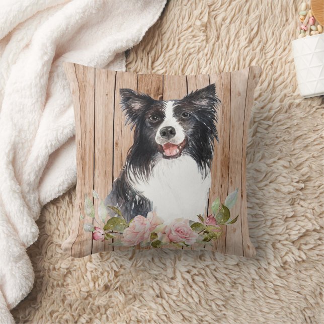 Watercolor Border Collie & Flowers  Throw Pillow (Blanket)
