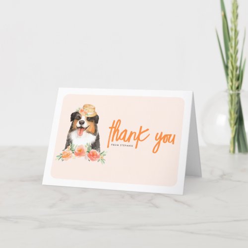 Watercolor Border Collie Peach Flower Dog Birthday Thank You Card