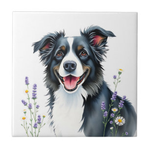 Watercolor Border Collie with Lavender and Daisies Ceramic Tile