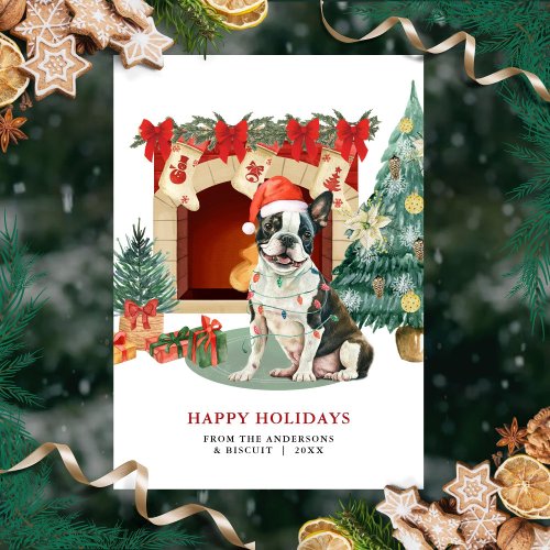 Watercolor Boston Terrier Christmas Card