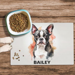 Watercolor Boston Terrier Custom Name Pet Food Mat