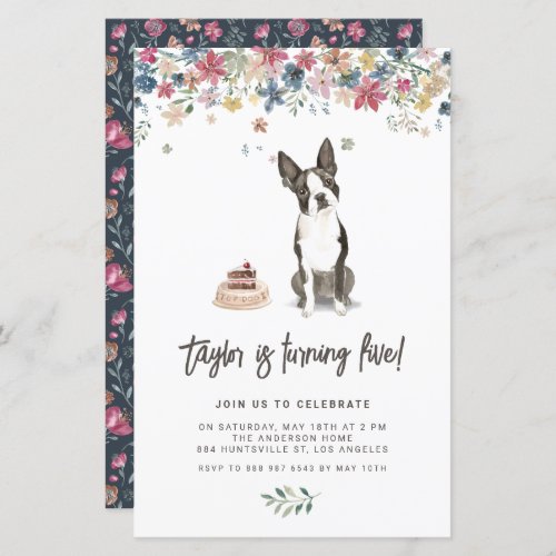 Watercolor Boston Terrier Dog Birthday Invitation