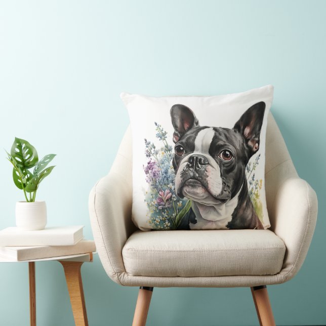 WATERCOLOR BOSTON TERRIER DOG WITH FLOWERS THROW PILLOW (Chair)