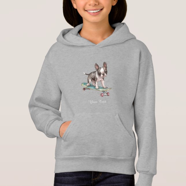 Watercolor Boston Terrier Kids Pullover Hoodie (Front)