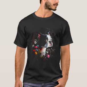 Watercolor Boston Terrier with flowers Bostie 4 T-Shirt