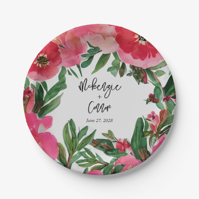 Watercolor Botanical Anemone Wedding Paper Plates (Front)