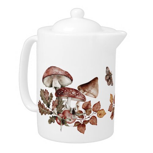 Watercolor Botanical Art Mushrooms  Fall Leaves  Teapot