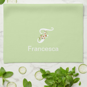 Watercolor botanical beige initial monogram green kitchen towel
