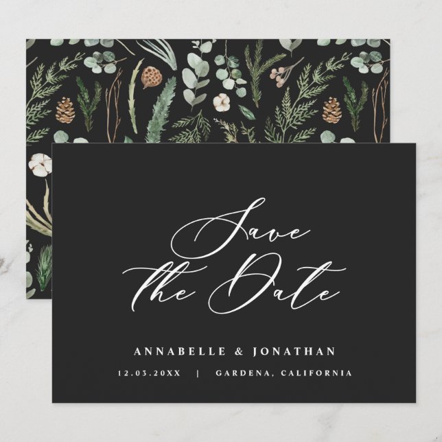Watercolor botanical black elegant script save the date (Front/Back)