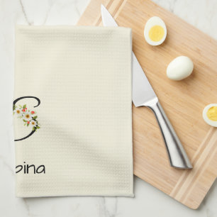 Watercolor botanical black initial monogram kitchen towel