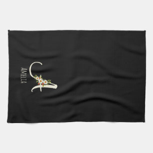 Watercolor botanical black initial monogram kitchen towel