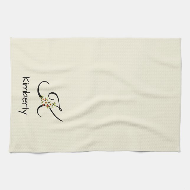 Watercolor botanical black initial monogram kitchen towel (Horizontal)