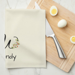 Watercolor botanical black initial monogram kitchen towel