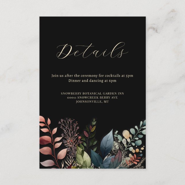 Watercolor Botanical Black Modern Wedding Enclosure Card (Front)