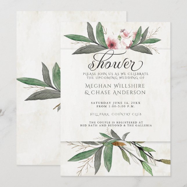 Watercolor Botanical Blossoms Couple's Shower Invitation (Front/Back)