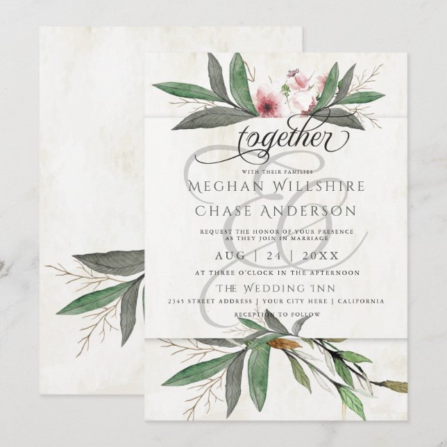 Watercolor Botanical Blossoms Wedding Invitation (Front/Back)