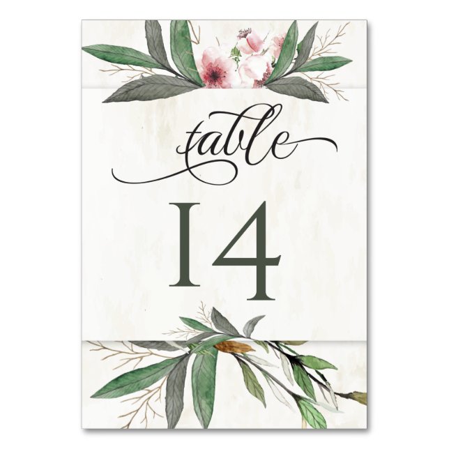 Watercolor Botanical Blossoms Wedding Table Number (Front)