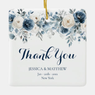 Watercolor Botanical Blue Floral Wedding Thank You Ceramic Ornament