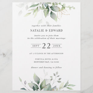 Watercolor botanical blue gold elegant wedding flyer