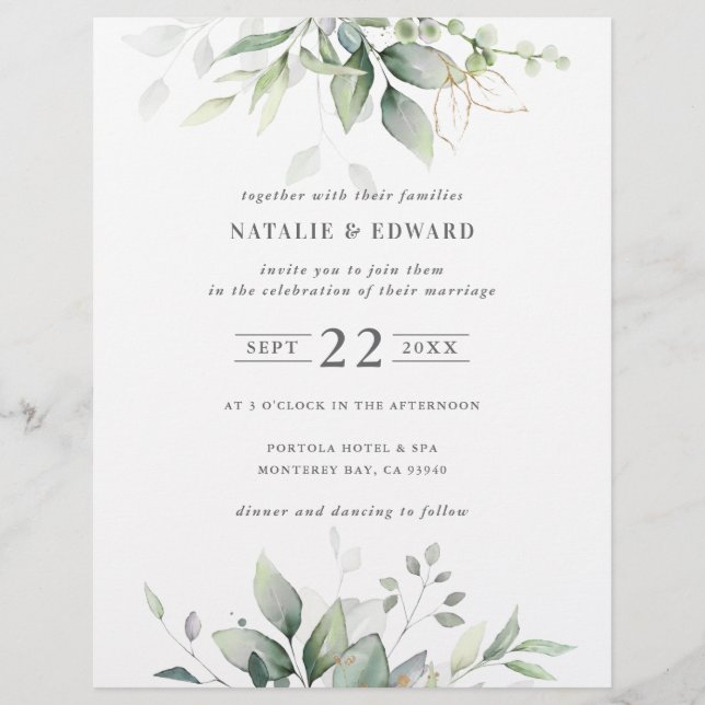 Watercolor botanical blue gold elegant wedding flyer (Front)