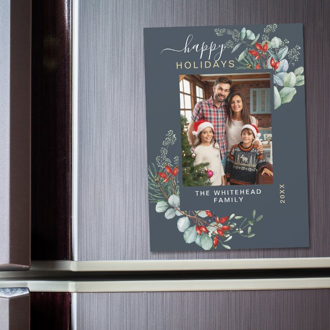 Watercolor Botanical Blue Holiday Magnet Card (You will love these beautiful Christmas cards! They feature botanical watercolor pine and berries.)