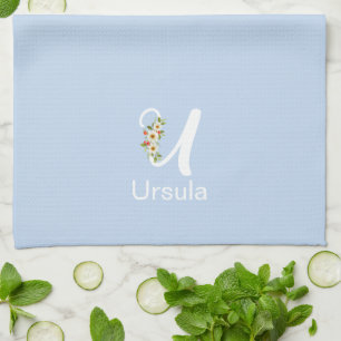 Watercolor botanical blue initial monogram kitchen towel