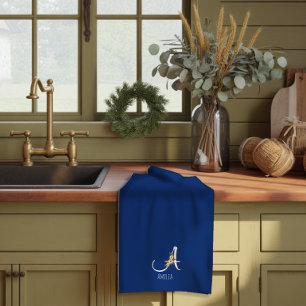 Watercolor botanical blue initial monogram kitchen towel