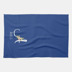 Watercolor botanical blue initial monogram kitchen towel