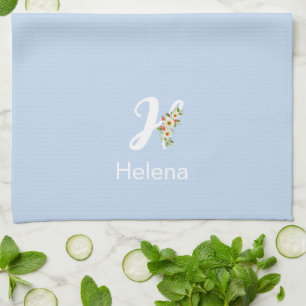 Watercolor botanical blue initial monogram kitchen towel