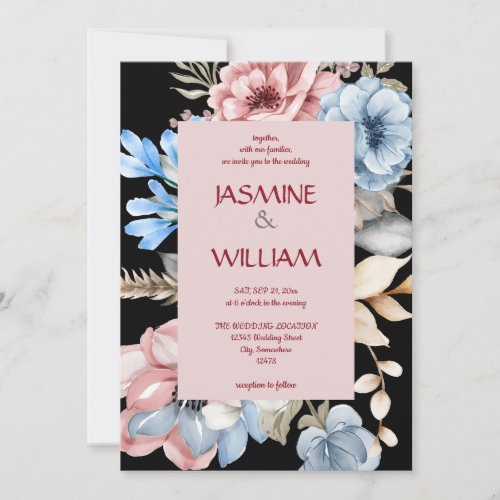 watercolor botanical blue  rosy floral invitation