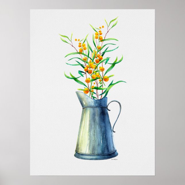 Watercolor Botanical Blue Yellow Jug Poster (Front)