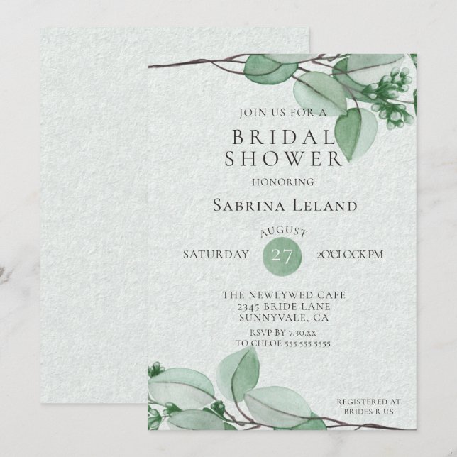 Watercolor Botanical Bridal Shower Green Invitation (Front/Back)
