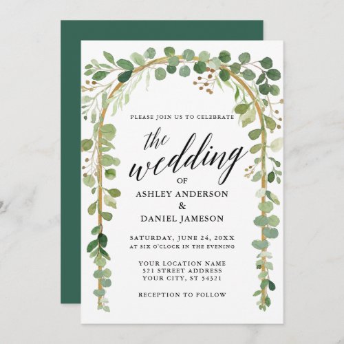 Watercolor Botanical Calligraphy Gold Arch Wedding Invitation